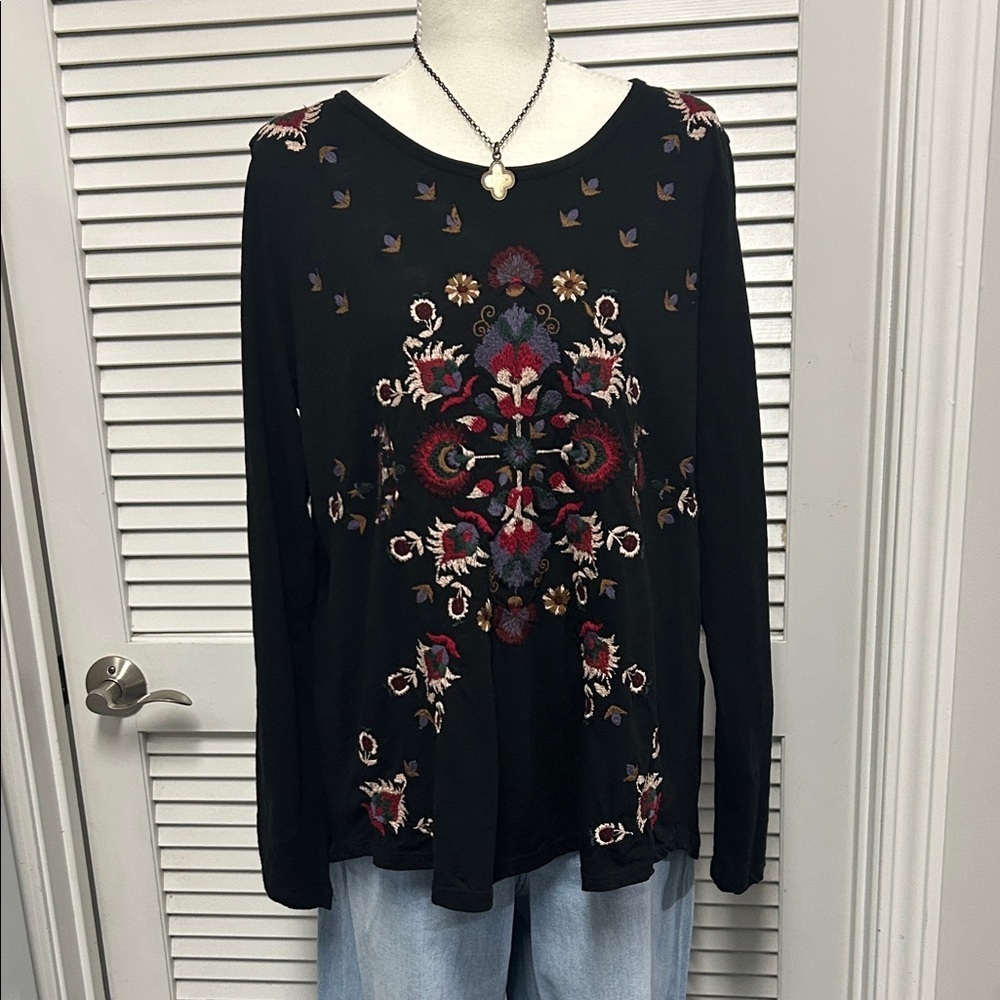 Lucky Brand Black Long Sleeve Top with Colorful Embroidery